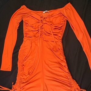Fashion Nova Orange Off-Shoulder Ruched Jumpsuit